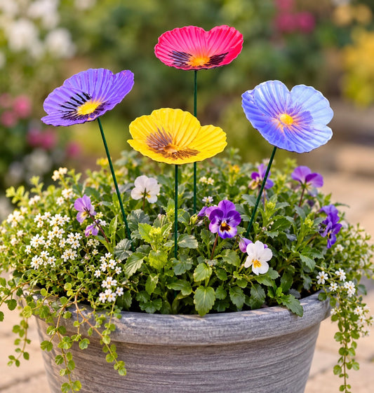 Set of 4 Colourful Metal Pansy Flower Garden Stakes – Plant Pot & Planter Decorations