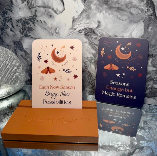 Autumn Affirmation Cards with Wooden Stand | Positive Daily Affirmations | Fall Self Care & Mindfulness Gift | Celestial Seasonal Decor