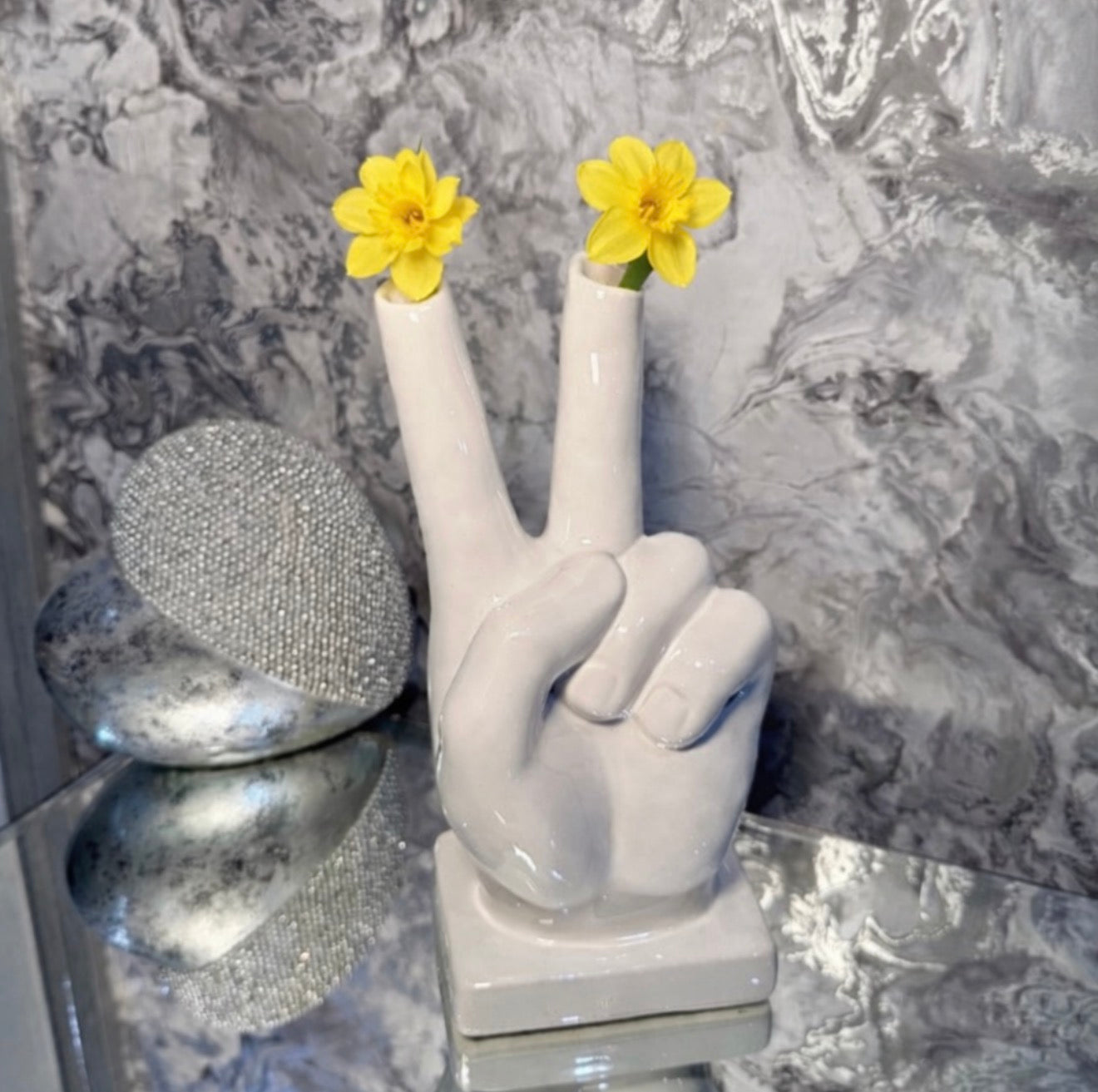 White Ceramic Peace Hand Vase Double Stem Bud Vase Modern Home Decor