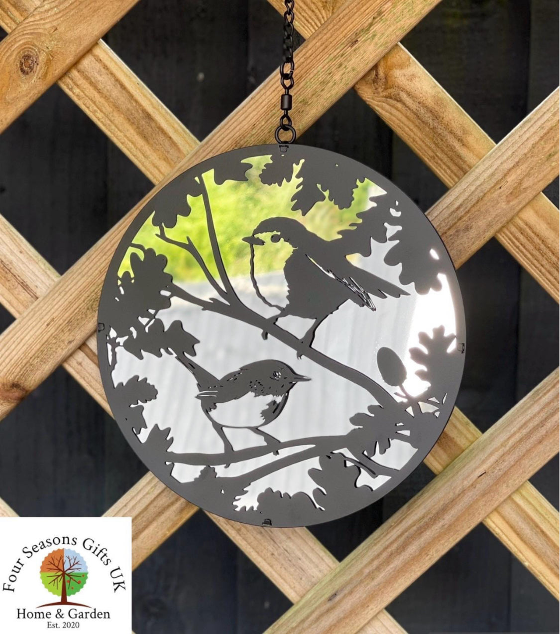 Robin & Wren Silhouette Mirrored Wind Spinner Hanging Mirror Garden Decorative Ornament