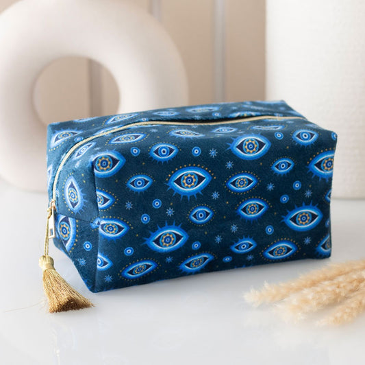 Evil Eye All Seeing Eye Celestial Stars Blue Velvet & Gold Storage Toiletries Makeup Bag Gifts