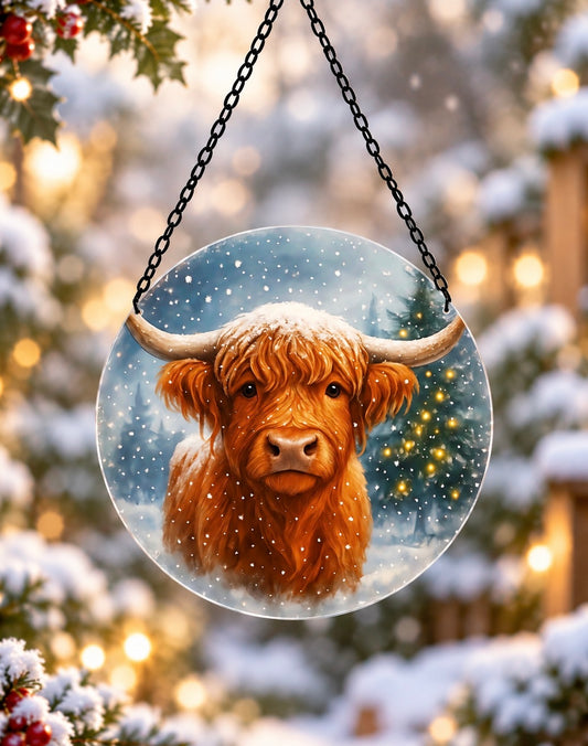 Large Highland Cow Christmas Glass Suncatcher – Festive Hanging Garden Decoration