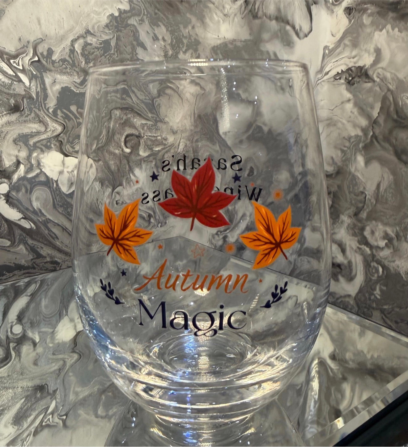 Personalised Autumn Wine Glass, Autumn Magic Stemless Glass, Wine Lover Gift, Fall Leaves Drinkware, Cosy Autumn Gift For Her