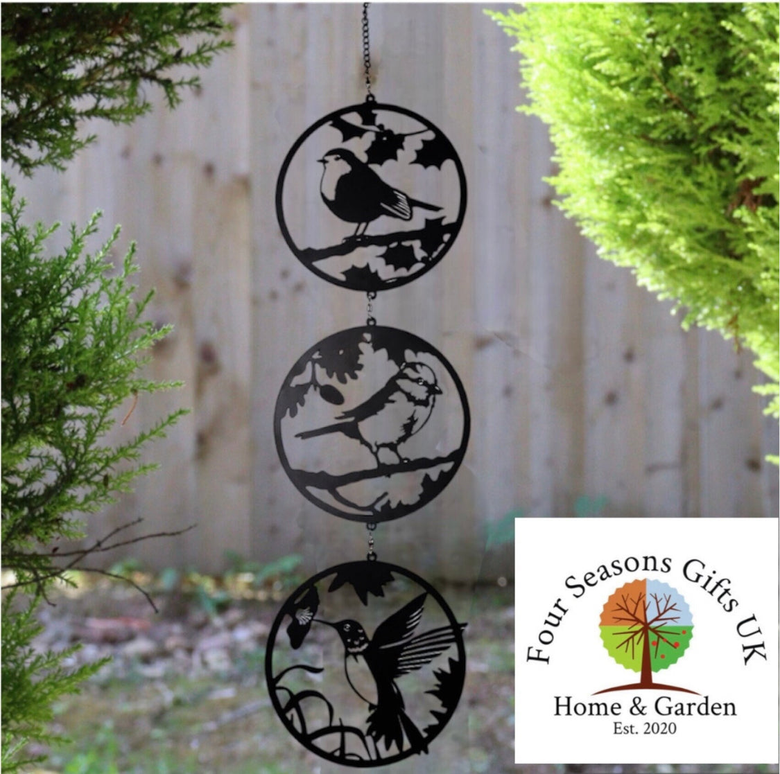 70cm Robin, Hummingbird & Blue Tit Design Silhouette Trio Orbit Wind Spinning Hanging Garden Decoration