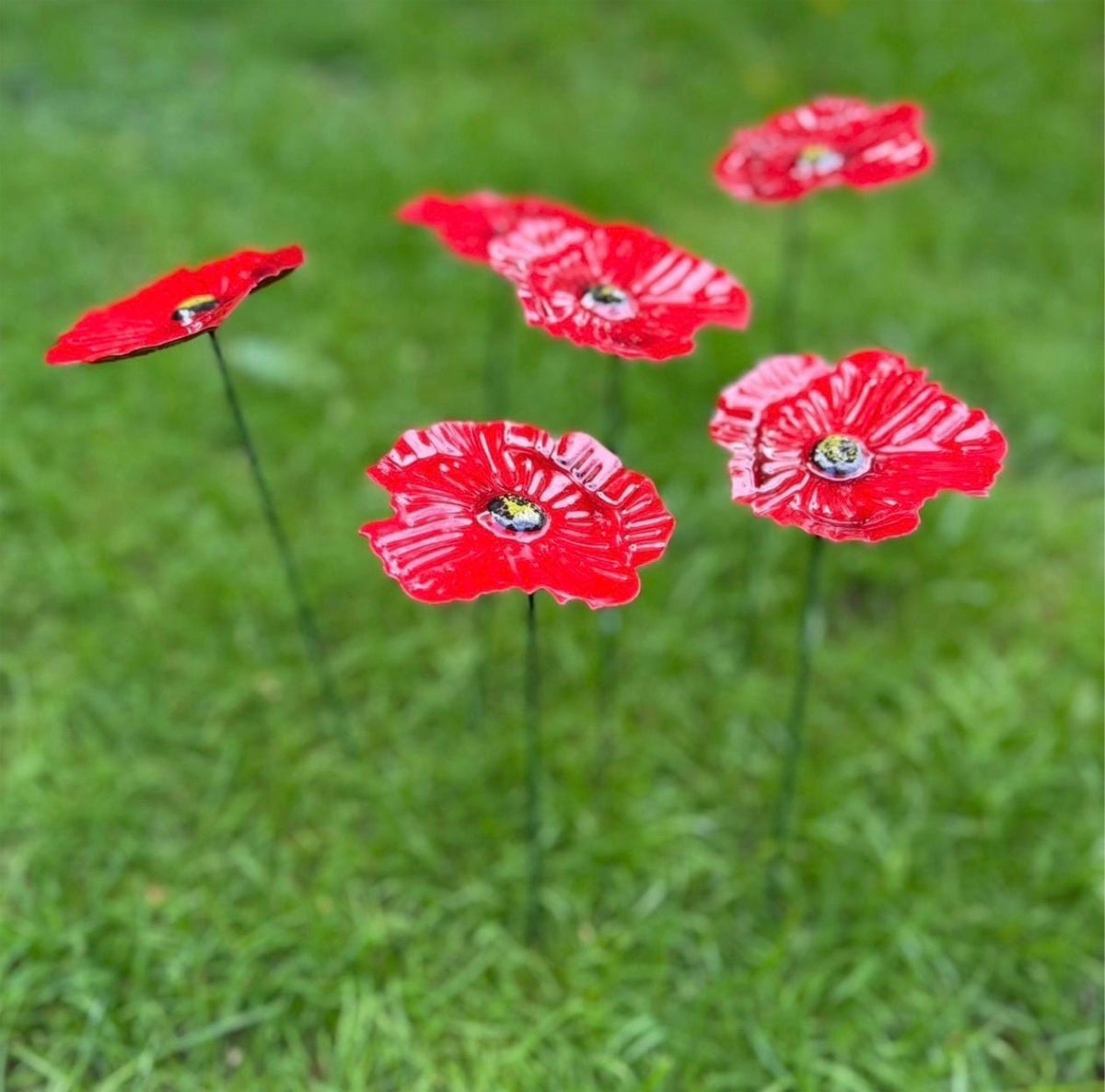 Set of 6 Red Metal Poppy Garden Stakes