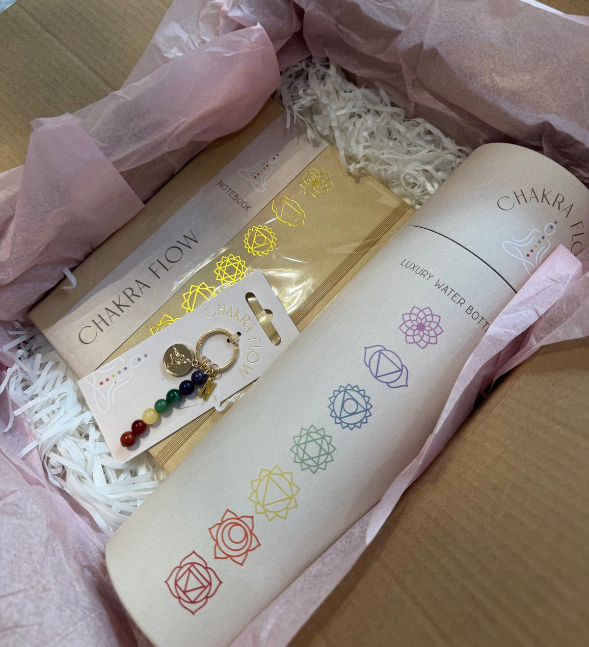 Luxury Personalised Chakra Gift Set – Glass Bottle, Notebook & Keyring