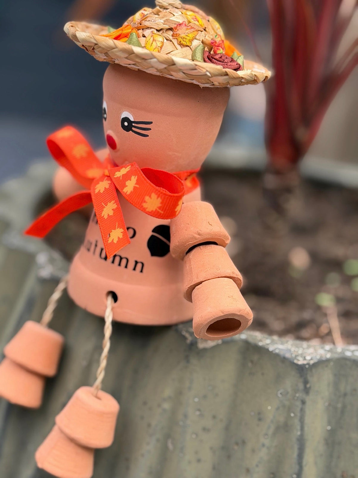 Hello Autumn Pot Person, Autumn Garden Ornament, Flowerpot Lady, Fall Garden Decor, Seasonal Gift for Gardener