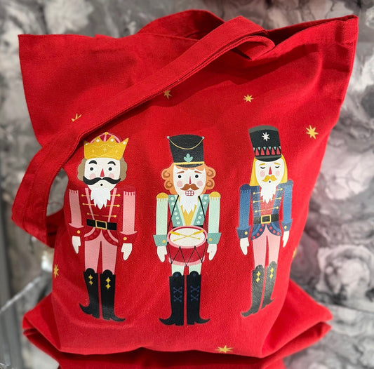 Christmas Nutcracker Tote Bag – Red Festive Shopping Bag, Reusable Gift Bag, Ballet Nutcracker Design Canvas Tote
