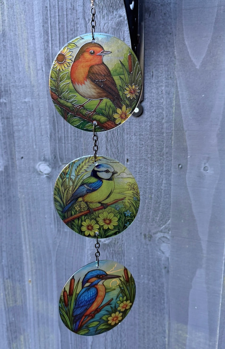 Triple Bird Glass Suncatcher Hanging Decoration, Stained Glass Effect Garden or Window Light Catcher, Robin, Blue Tit & Kingfisher Design
