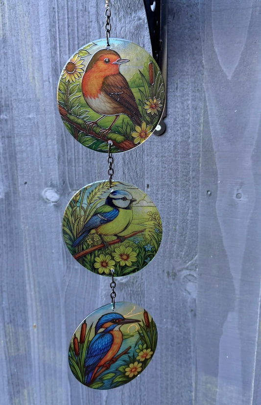 Triple Bird Glass Suncatcher Hanging Decoration, Stained Glass Effect Garden or Window Light Catcher, Robin, Blue Tit & Kingfisher Design