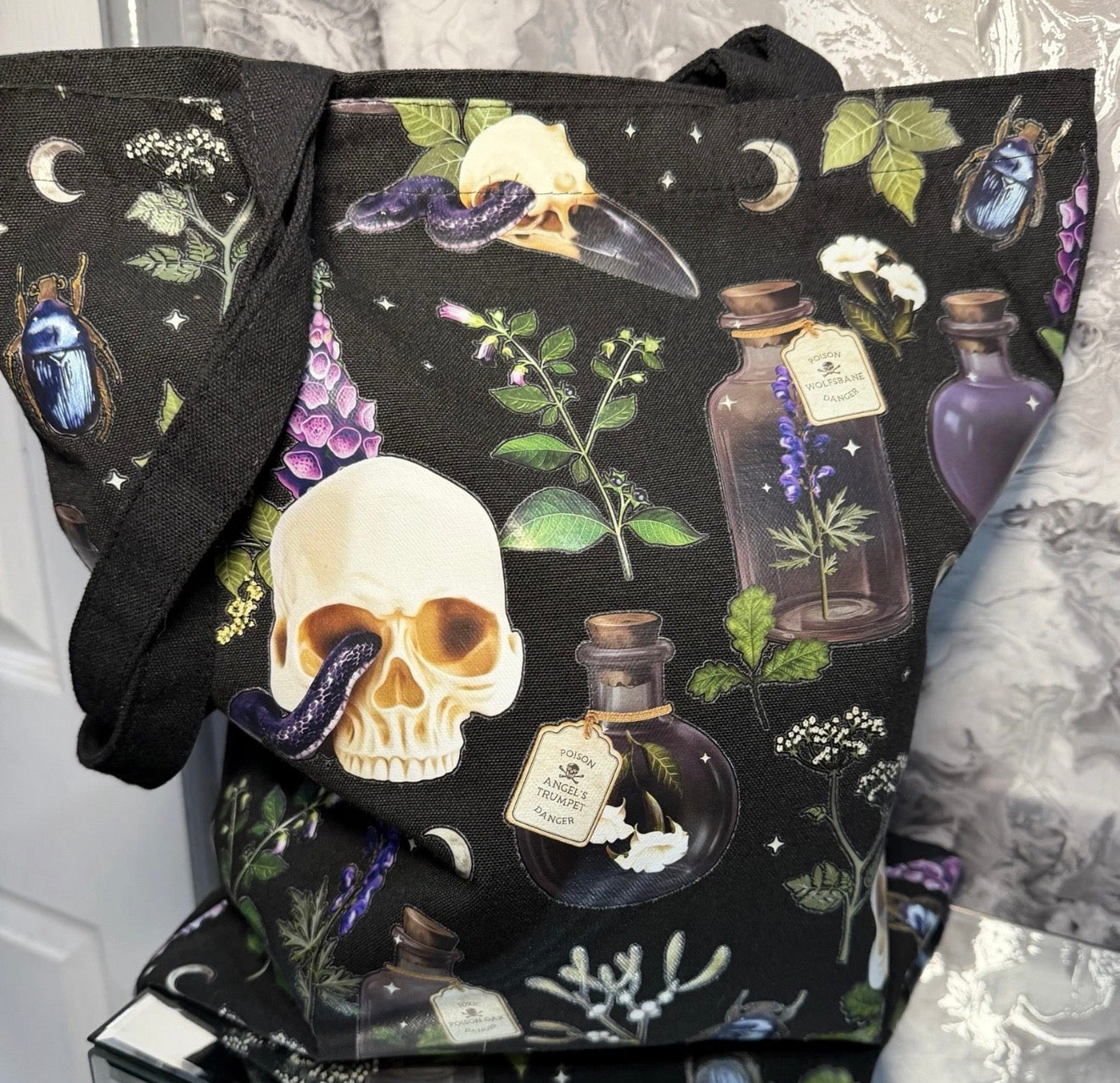 Gothic Skull & Poison Bottle Tote Bag Witchy Alternative Reusable Shopping Gift