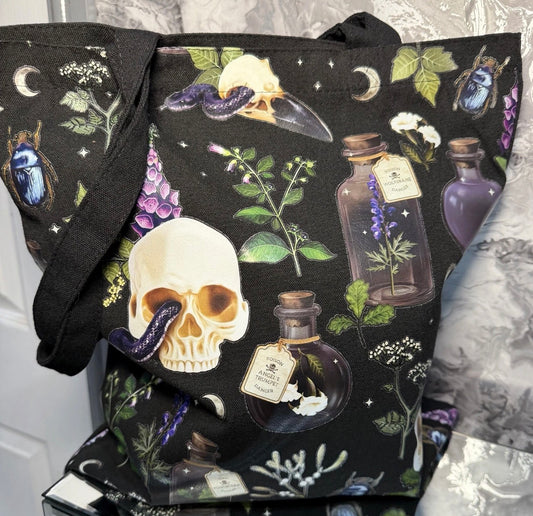 Gothic Skull & Poison Bottle Tote Bag Witchy Alternative Reusable Shopping Gift