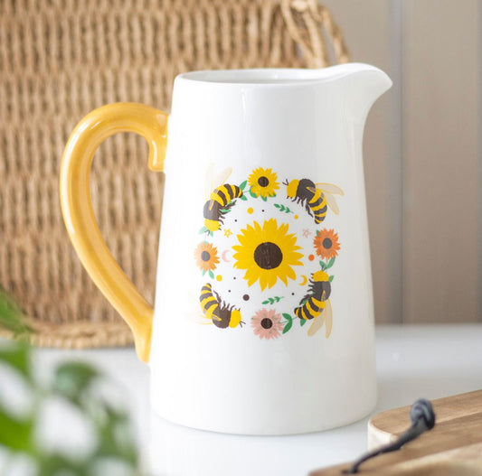 Summer Solstice Sunflower & Bee Print Ceramic Flower Jug Sunshine Yellow Kitchen Decor Gifts