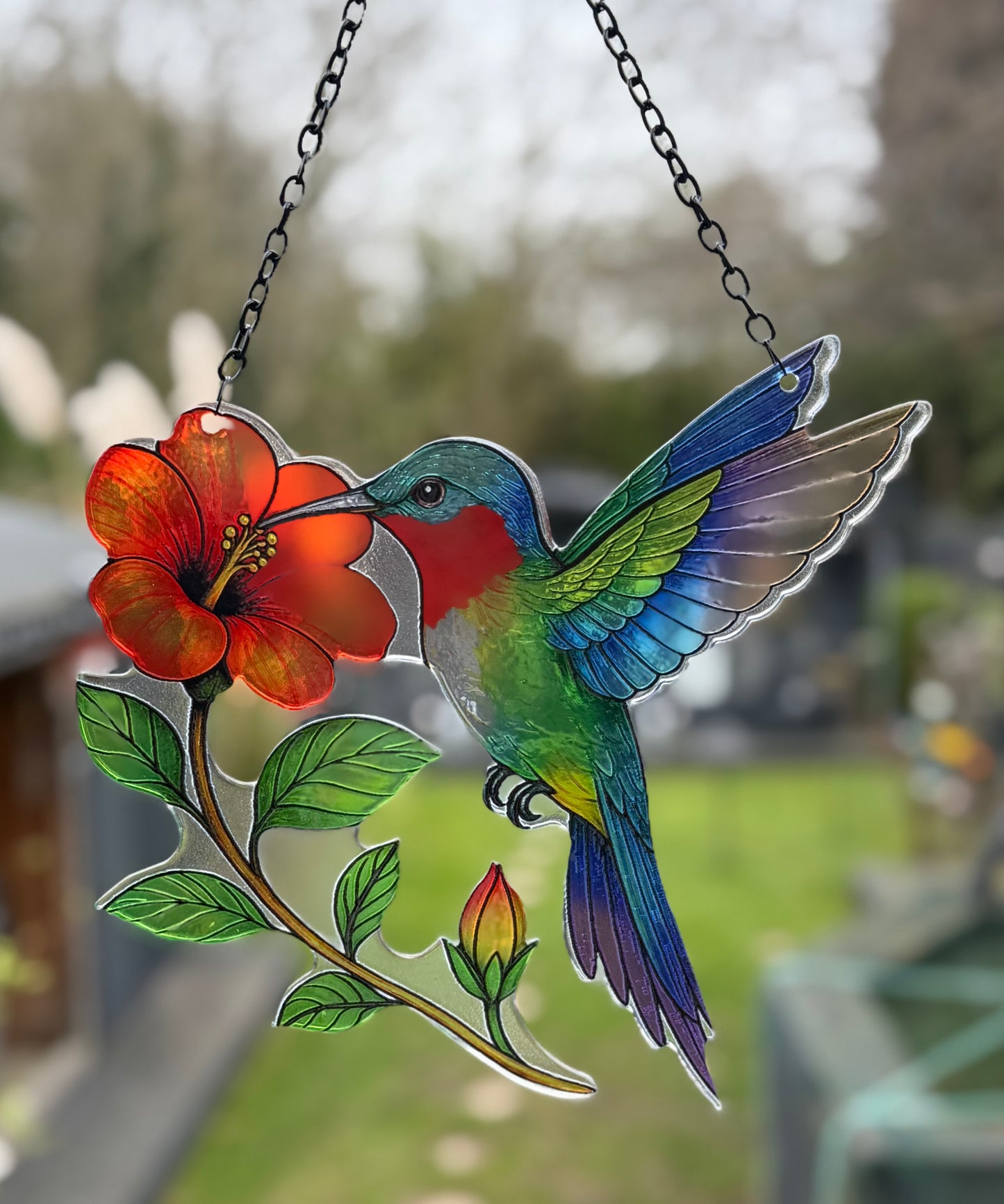 Hummingbird Flower Suncatcher – Stained Glass Effect Hanging Window & Garden Ornament | Colourful Cut Glass Style Decoration