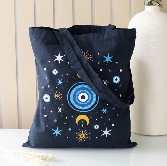 Evil Eye All Seeing Eye Crescent Moon & Stars Print Polycotton Canvas Tote Shopping Storage Bag