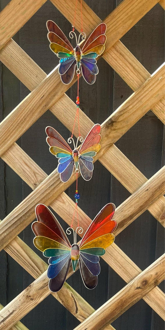 Rainbow Triple Butterfly Suncatcher Wind Spinner Light Catcher Window or Garden Hanging decoration