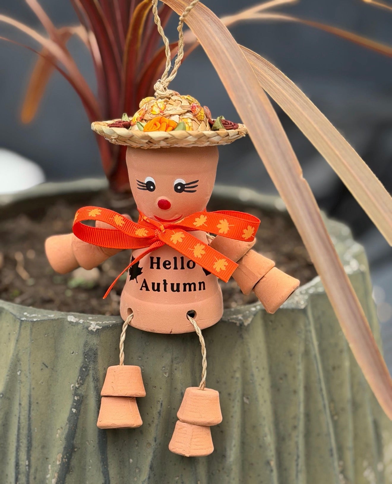 Hello Autumn Pot Person, Autumn Garden Ornament, Flowerpot Lady, Fall Garden Decor, Seasonal Gift for Gardener