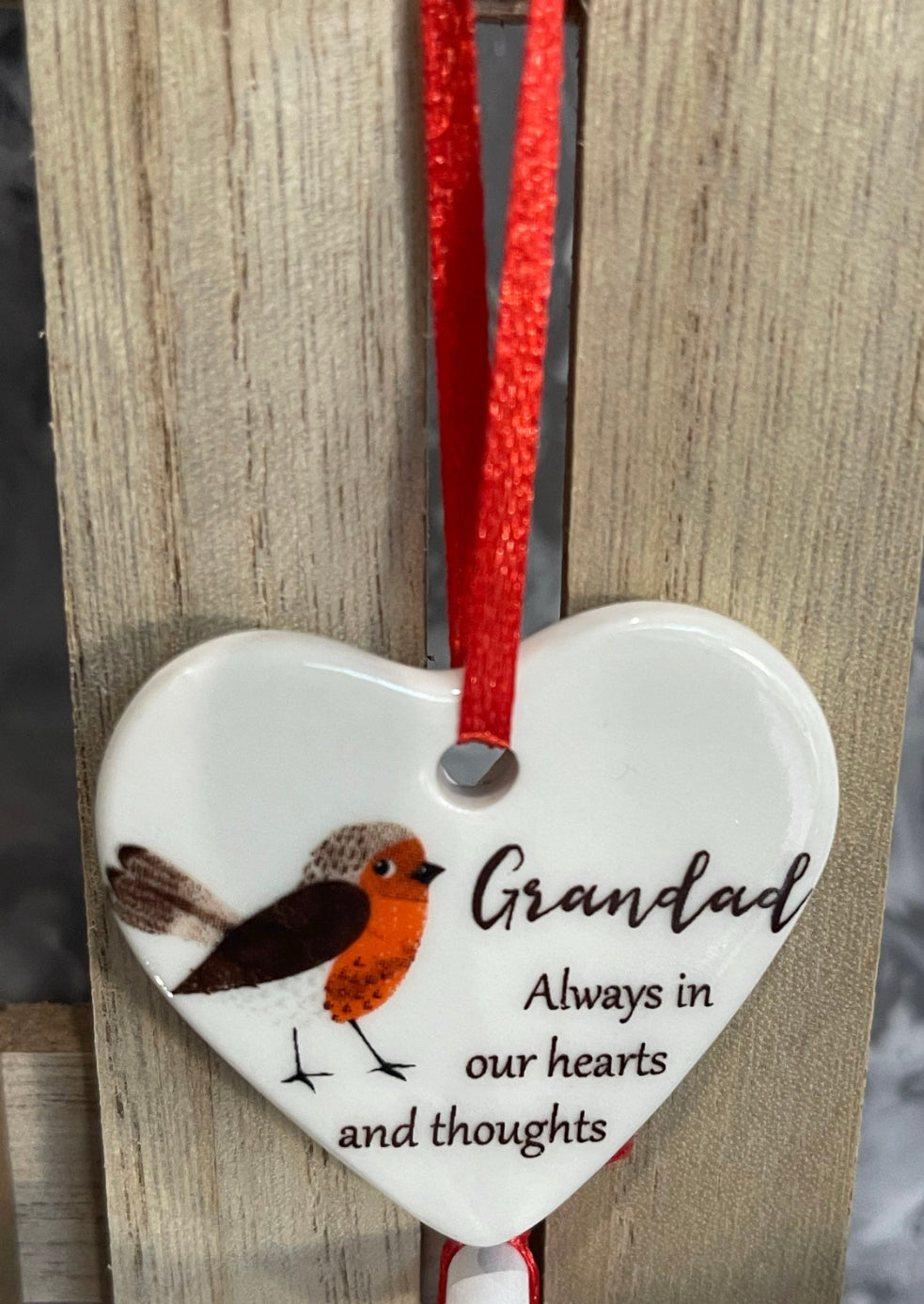 White Ceramic Heart Personalised Christmas Tree Decoration with Robin and Quote - Memorial Keepsake Gift