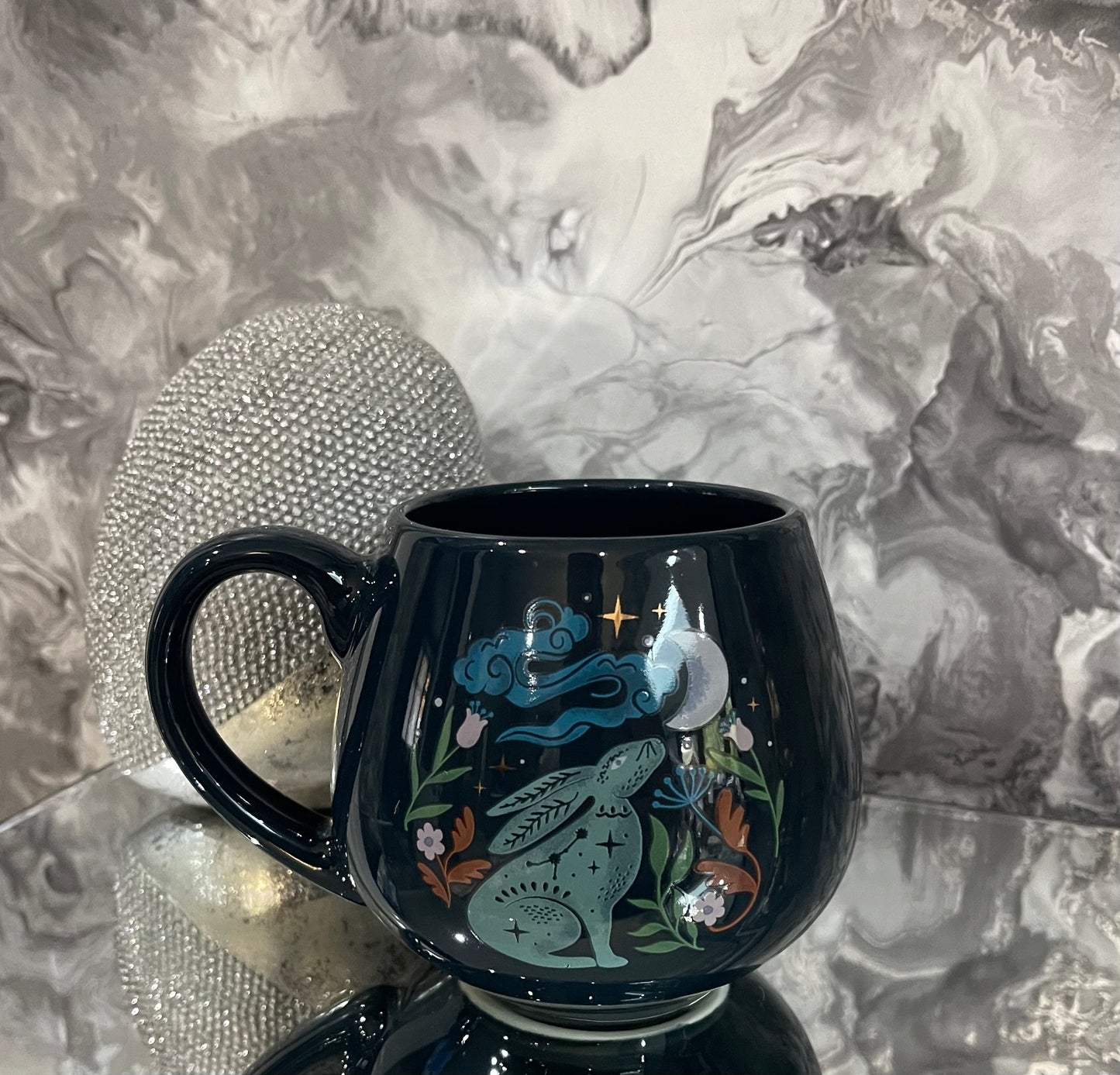 Midnight Moon Gazing Hare Navy Blue Rounded Mug