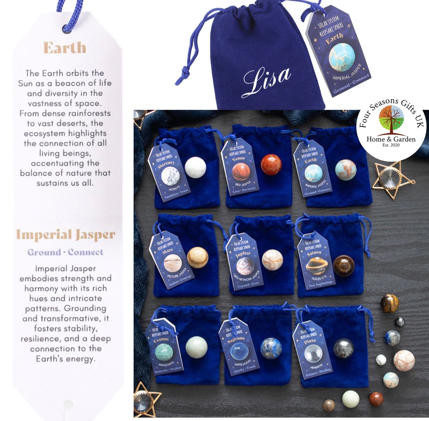 Planets of the Solar System Gemstone Spheres, Complete with information card & Drawstring Gift Bag & optional personalisation