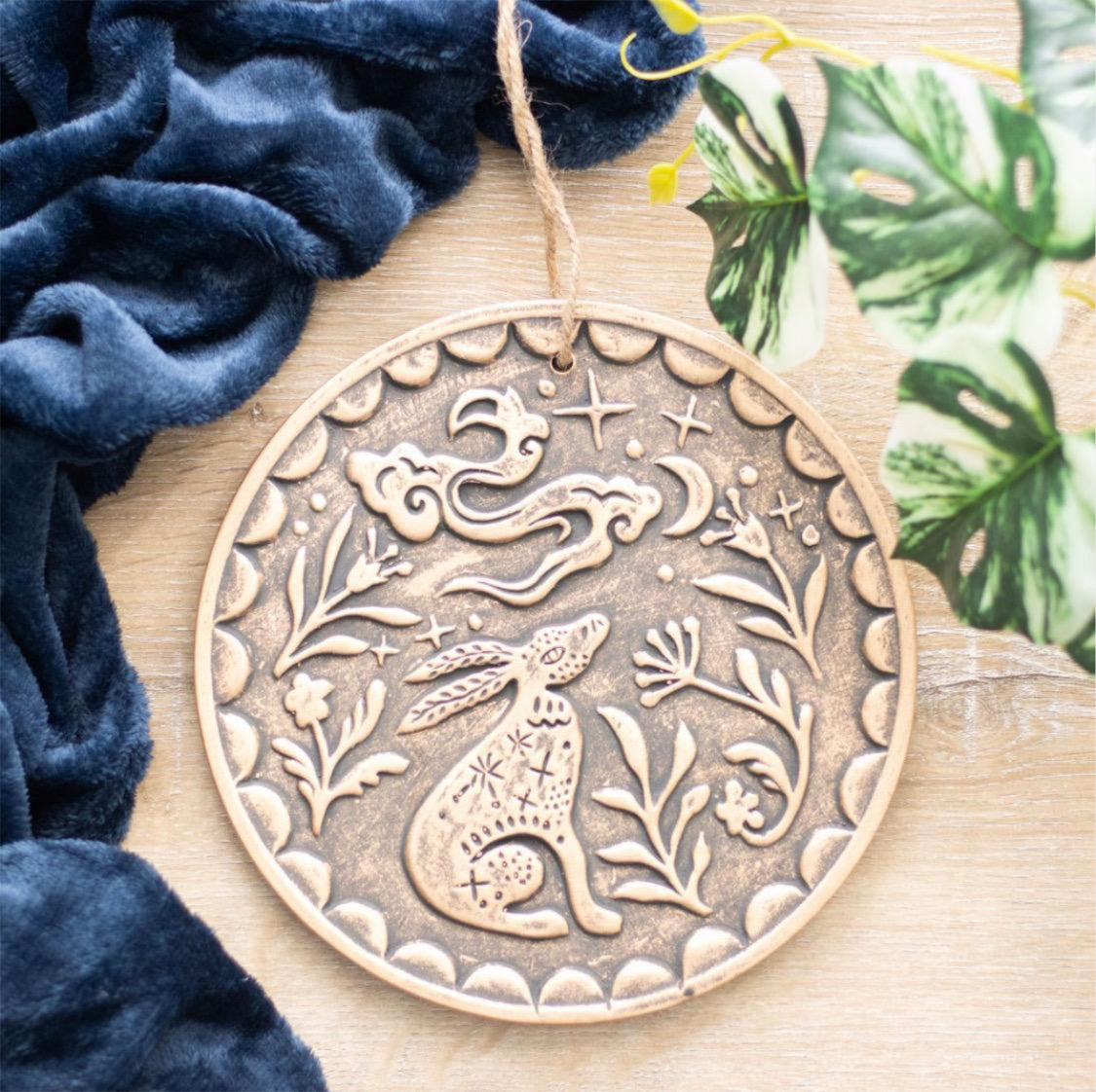 Midnight Moon Gazing Hare Bronze Terracotta Hanging Garden Wall Plaque