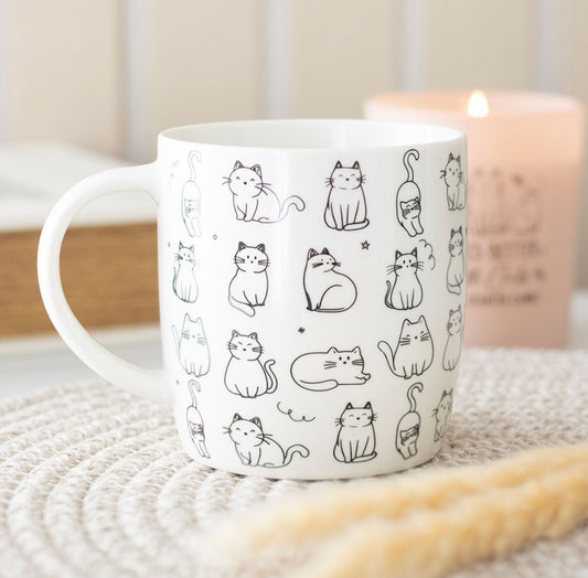 Cat Pattern Mug – White Ceramic Mug for Cat Lovers | Cute Home Gift