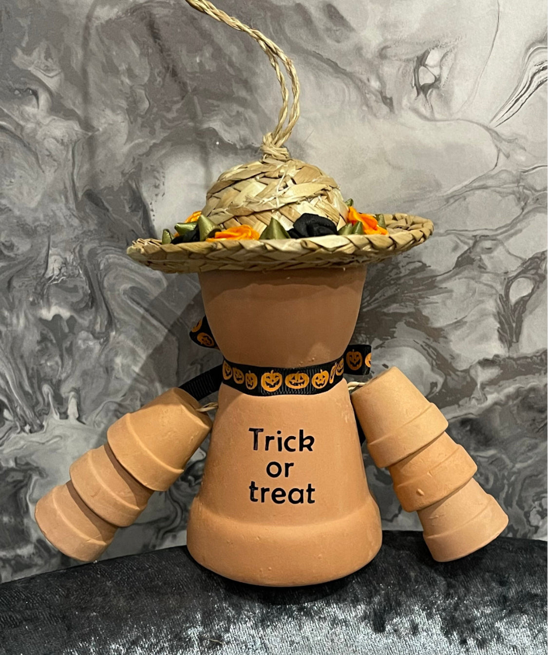 Personalised Terracotta Halloween Theme Plant Pot People Man or Lady Includes Ribbon Of Choice