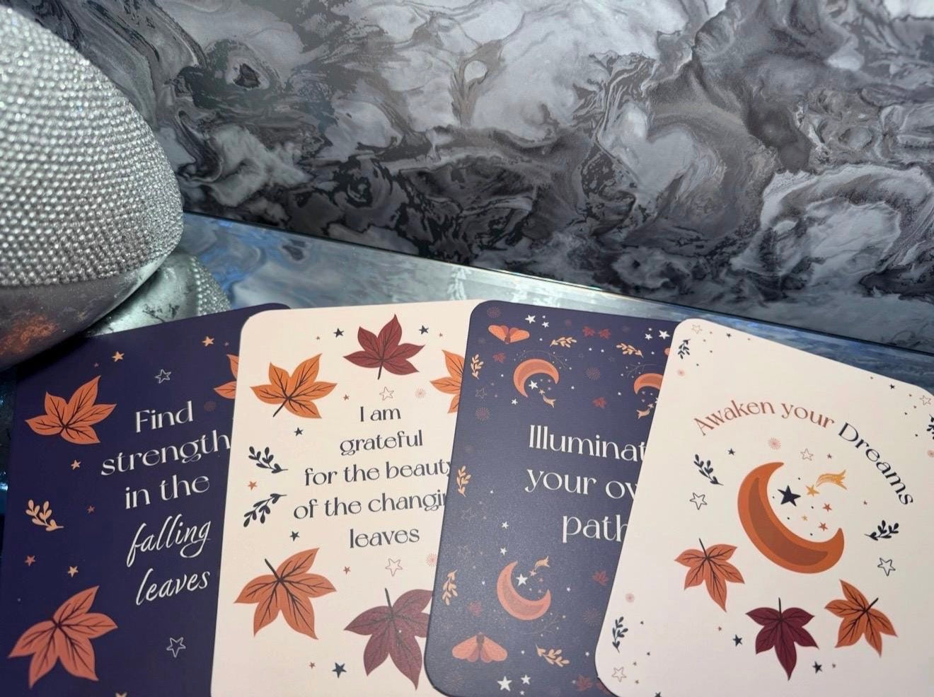 Autumn Affirmation Cards with Wooden Stand | Positive Daily Affirmations | Fall Self Care & Mindfulness Gift | Celestial Seasonal Decor