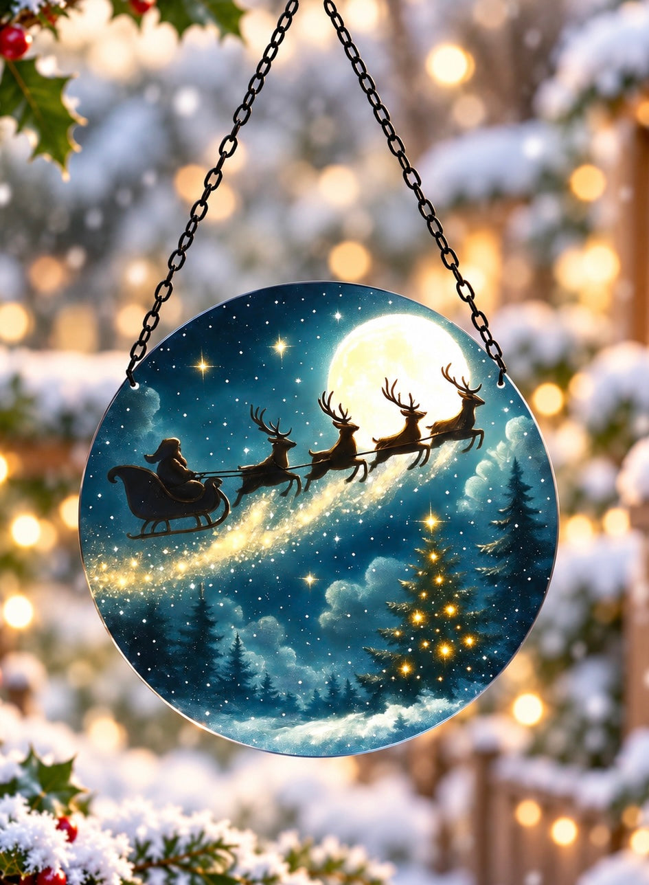Santa's Sleigh & Reindeer Christmas Suncatcher – Round Hanging Glass Window Decoration