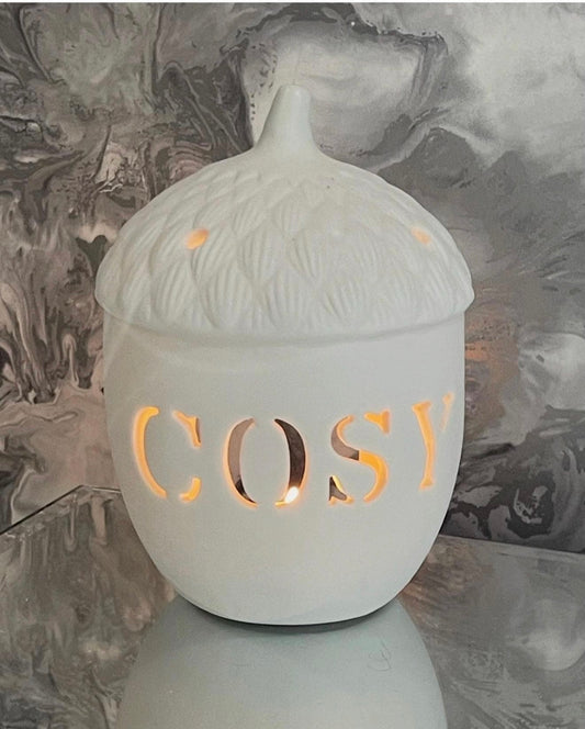 White Acorn Tealight Holder – Ceramic Cosy Autumn Candle Holder Gift