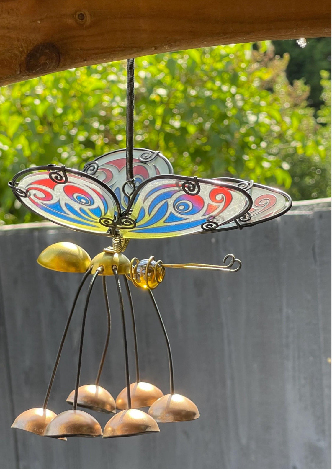 Beautiful Gold Butterfly Bobbin Bells Wind chime, Detailed Colourful Glass Wings