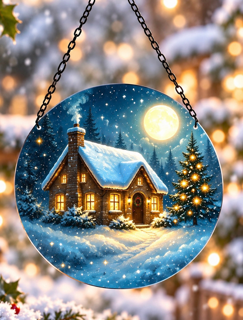 Christmas Winter Cottage Hanging Suncatcher – Snowy Moonlit Scene, Festive Window Decoration