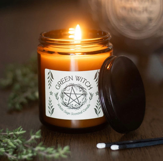 Green Witch White Sage Scented Candle – Amber Glass Jar
