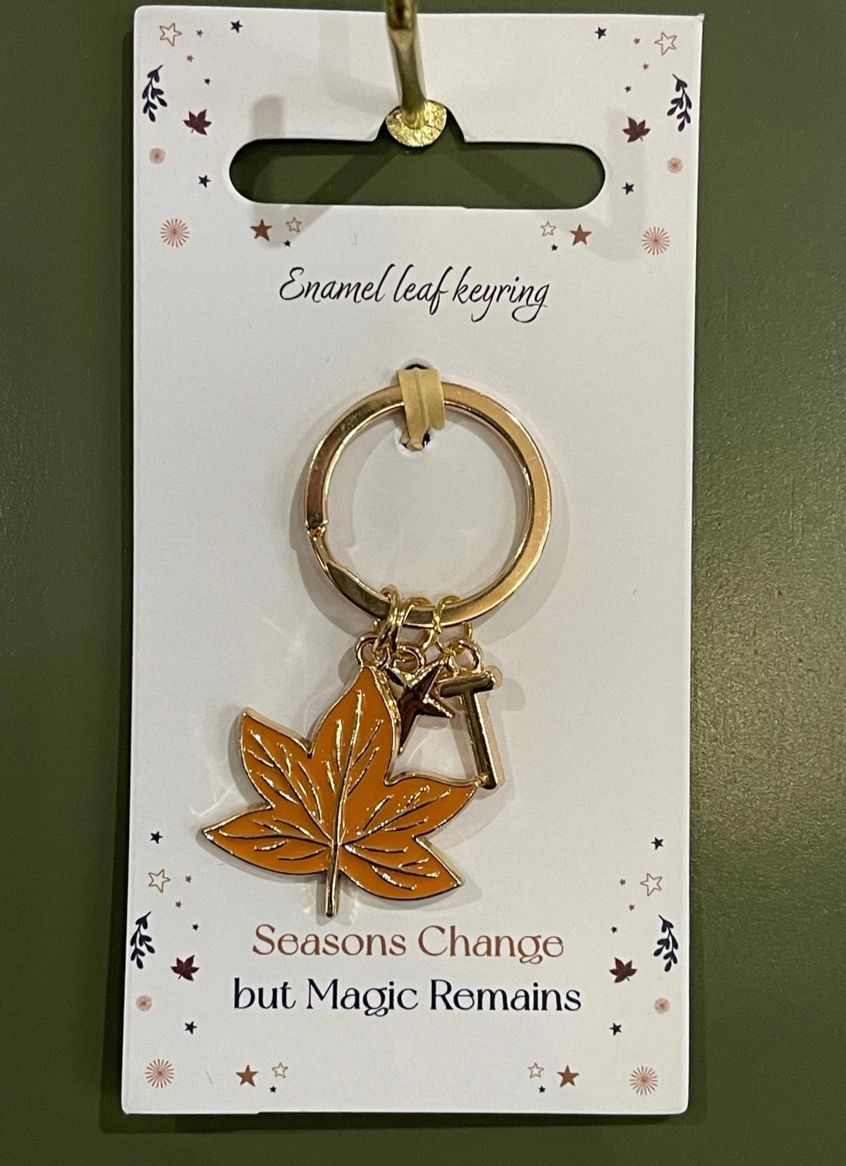 Personalised Autumn Leaf Keyring – Enamel Leaf Charm, Initial & Star – Autumn Gift