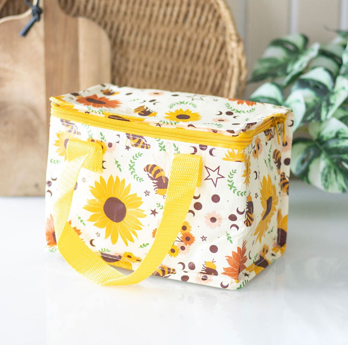 Sunflower & Bee Summer Solstice Design Insulated Lunch Picnic Bag Made From Recycled Plastic, Wipe Clean.