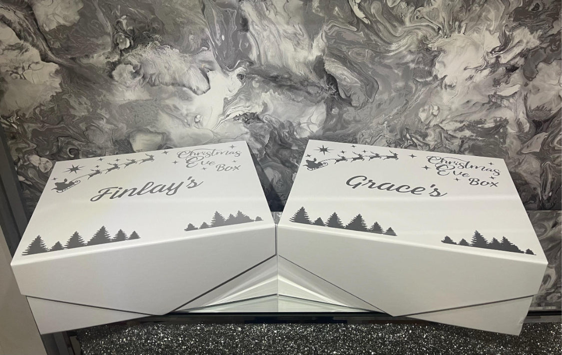 Personalised Christmas Eve Box – Luxury Magnetic Closure Box 28x22x11cm, Santa Sleigh Design, Christmas Keepsake Memory Gift Box