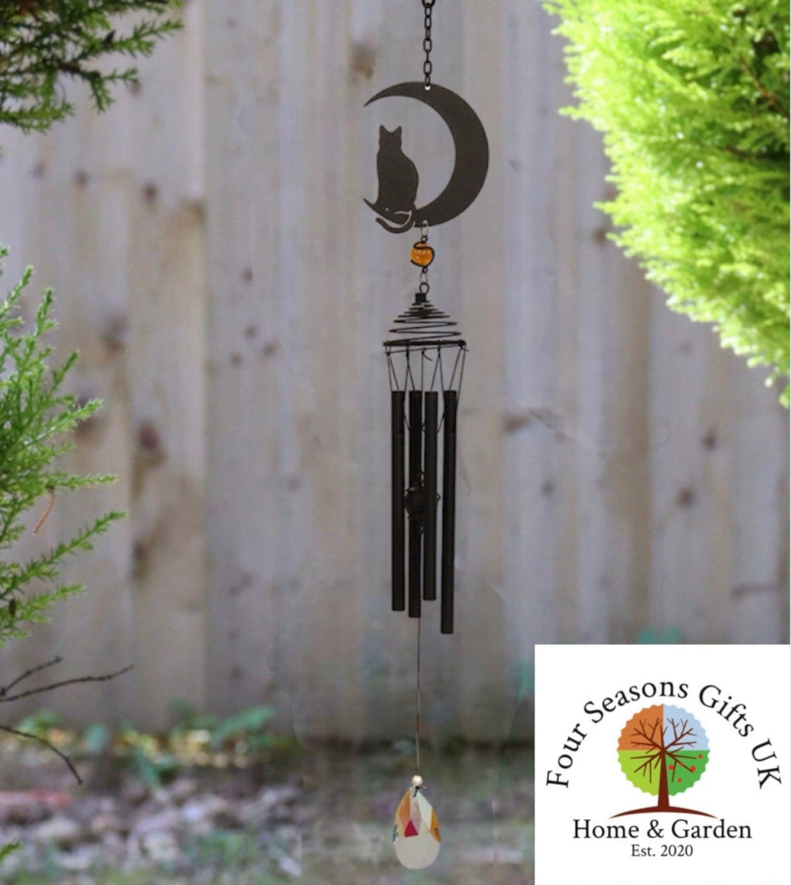 Beautiful Cat & Crescent Moon Silhouette Design Windchime With Crystal Effect Dropper