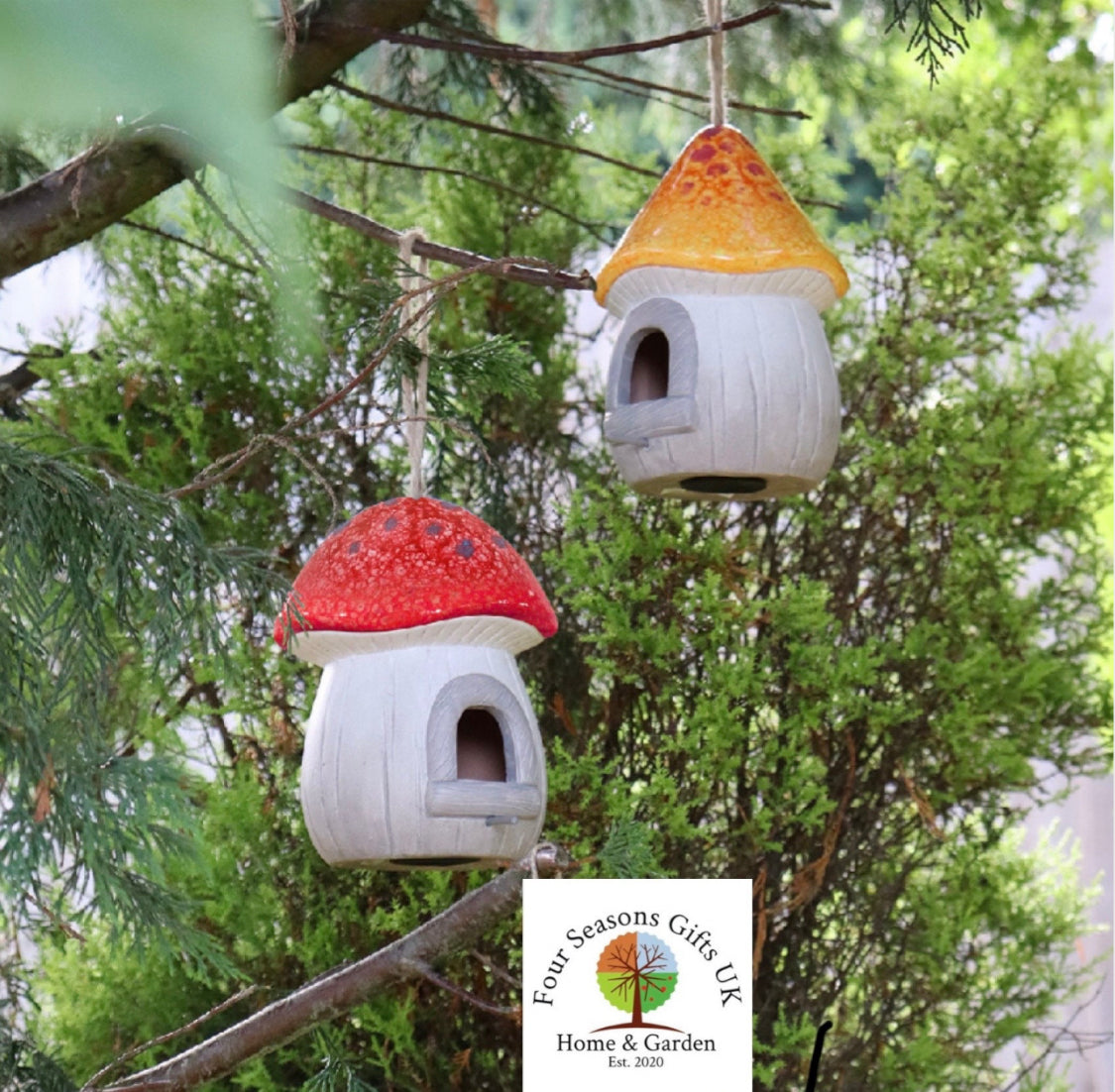 Ceramic Toadstool Mushroom Bird Feeder House Hanging Decorative Garden Ornament