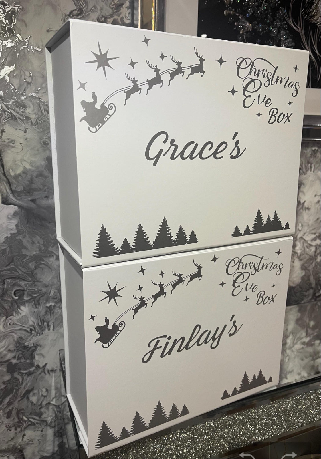 Personalised Christmas Eve Box – Luxury Magnetic Closure Box 28x22x11cm, Santa Sleigh Design, Christmas Keepsake Memory Gift Box