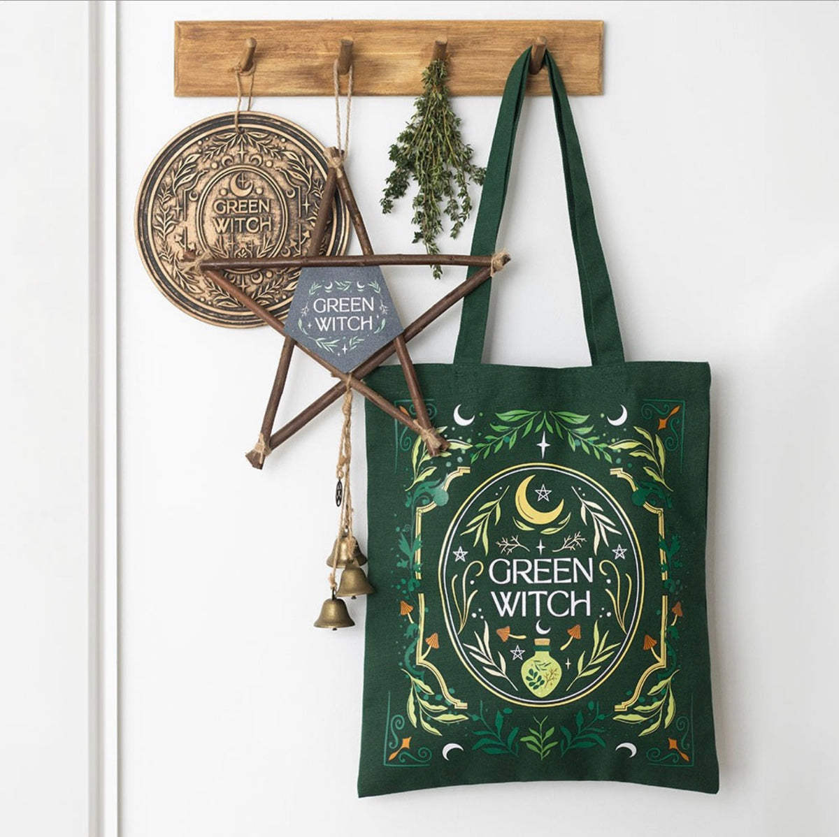 Green Witch Hanging Willow Pentagram with Bells – Witchy Wall Décor