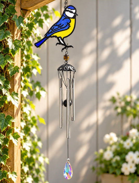 Blue Tit Bird Sun-catcher Wind chime With Crystal Effect Dropper
