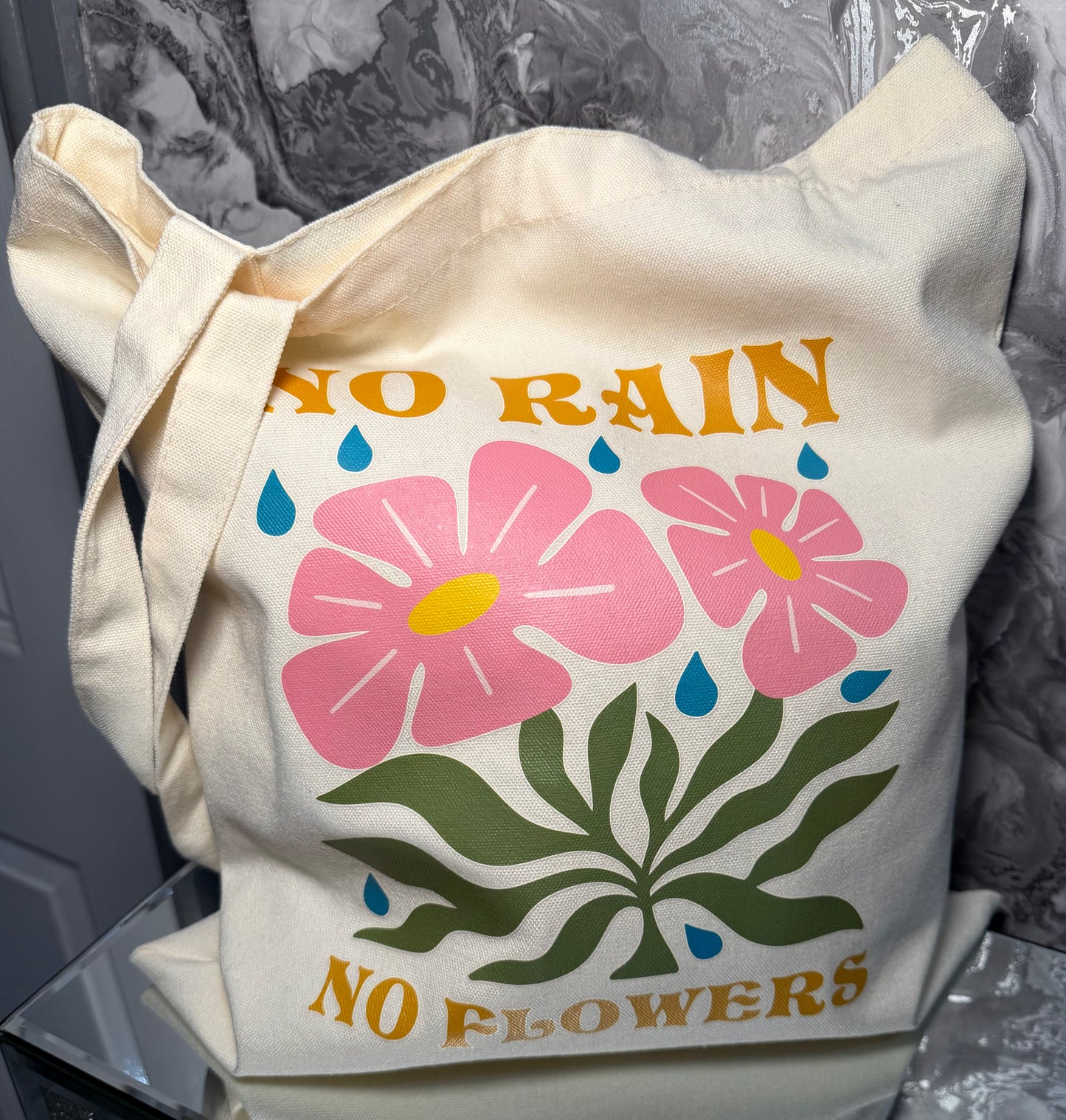 No Rain No Flowers Tote Bag, Retro Floral Canvas Shopping Bag, Reusable Eco Cotton Tote, Positive Quote Gift for Her Mum Teacher