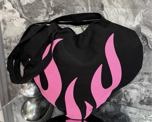 Pink Flame Heart Tote Bag Y2K Gothic Aesthetic Canvas Reusable Shopping Eco Gift
