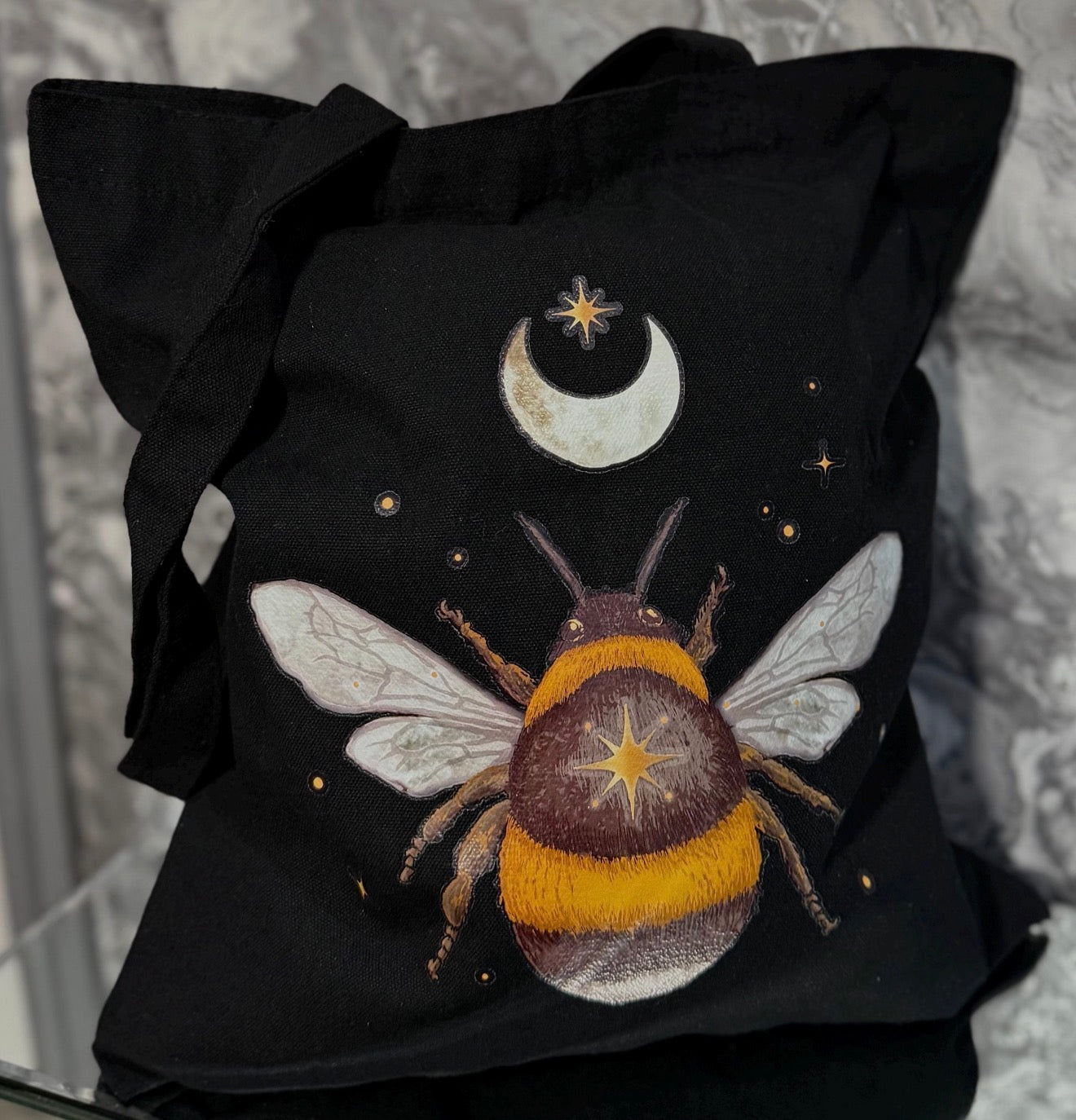 Celestial Bumblebee Tote Bag – Moon & Star Bee Canvas Shopping Bag, Mystical Witchy Nature Lover Gift