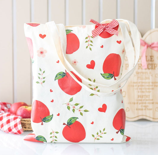 Apple Print & Gingham Bow Design Polycotton Canvas Tote Shopping Storage Bag
