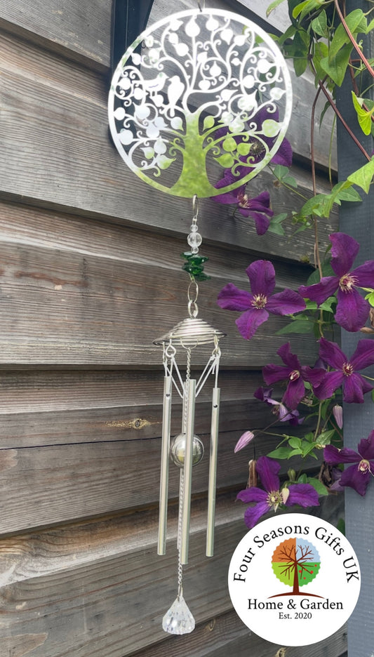 Tree of Life & Birds Stainless Steel Mirrored Wind Chime Spinner Sun-catcher Hanging Garden Decorative Ornament