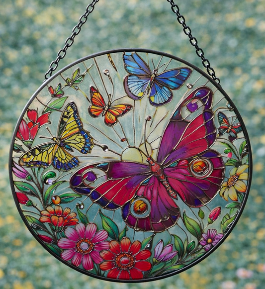 Beautiful Butterflies Stained Glass Effect Orbit Hanging Sun-catcher Wind Spinner Garden Ornament
