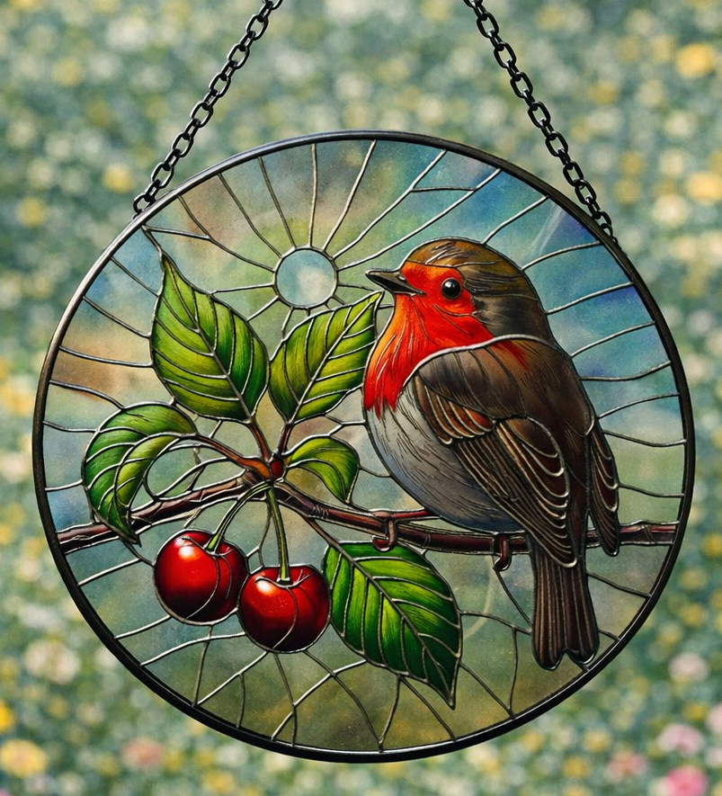 Robin Bird Stained Glass Effect Orbit Hanging Sun-catcher Wind Spinner Garden Ornament