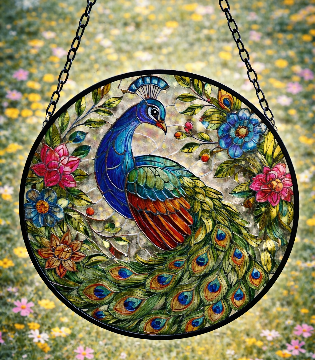 Peacock Bird Stained Glass Effect Orbit Hanging Sun-Catcher Wind Spinner Garden Ornament