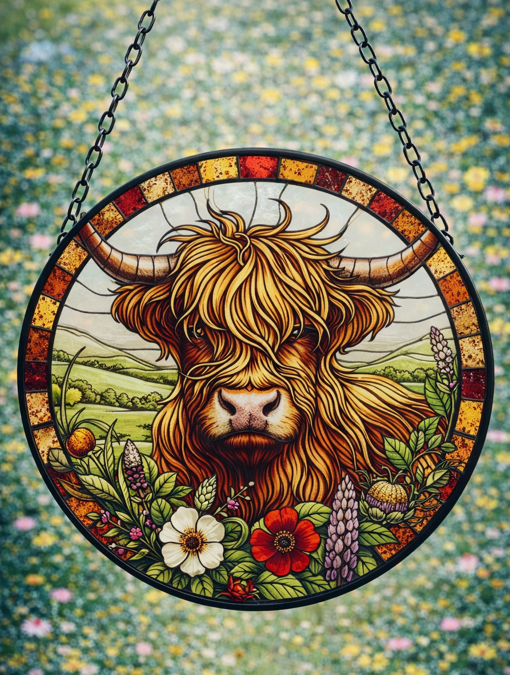 Highland Cow Suncatcher – Stained Glass Effect Garden Wind Spinner – Colourful Hanging Ornament Gift